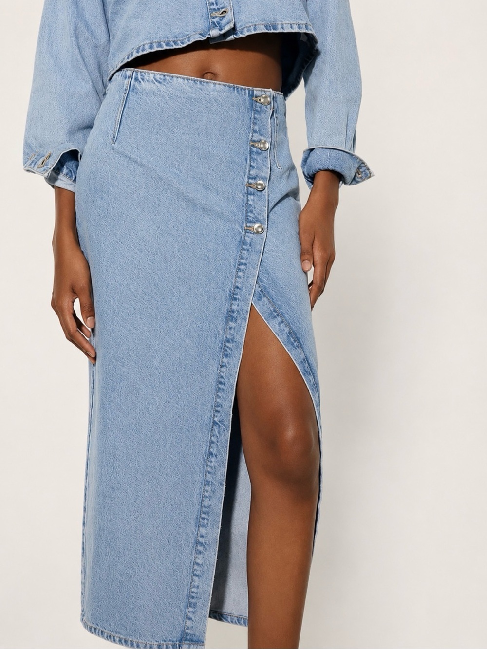 Zara Light Blue Wrap Denim Midi Skirt Asymmetrical Button Front Slit Medium
